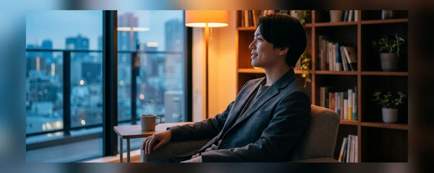 明るい未来を見据えて穏やかに微笑む若手ビジネスパーソン