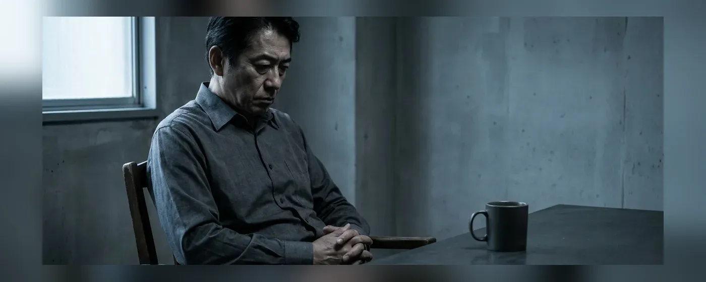 静かな部屋でうつむき真剣な表情で考え込む50代の男性