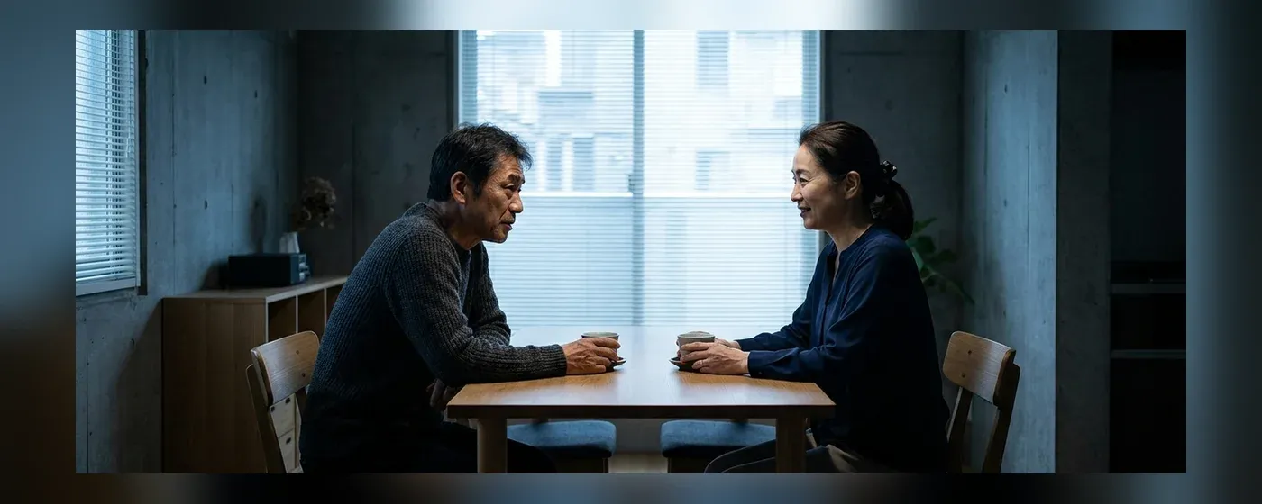 ダイニングテーブルで向かい合い穏やかに会話する50代の夫婦