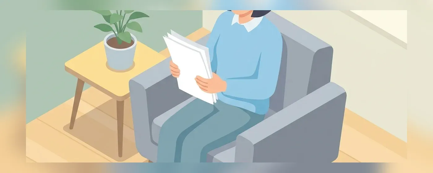部屋でリラックスしながら書類を見て笑顔で考える人物