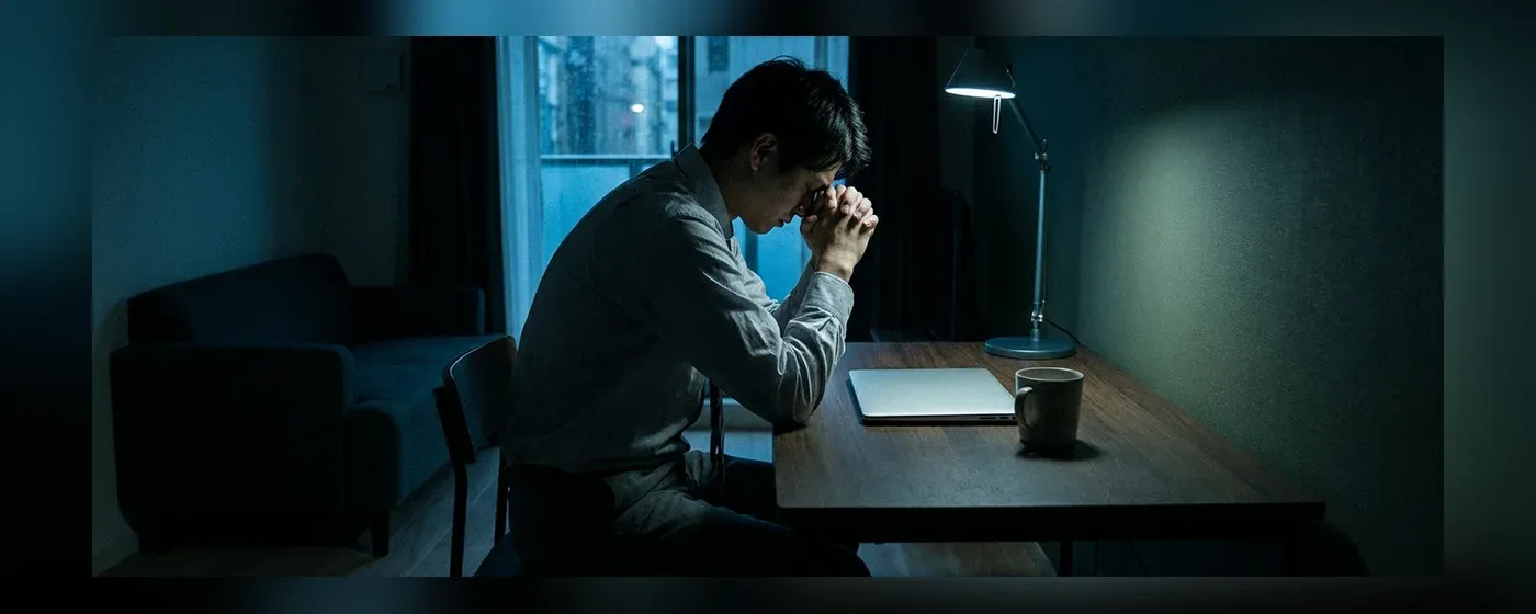 暗い部屋で一人悩み落ち込んでいる若手会社員