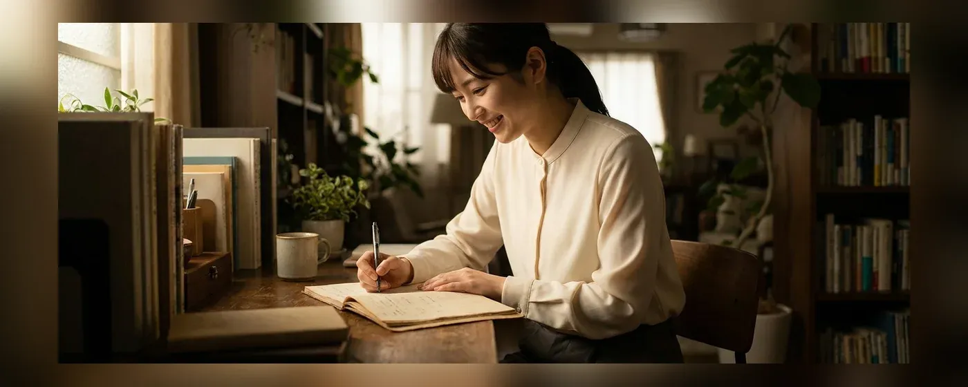 机に向かいノートにペンで書き込みながら微笑む若い女性