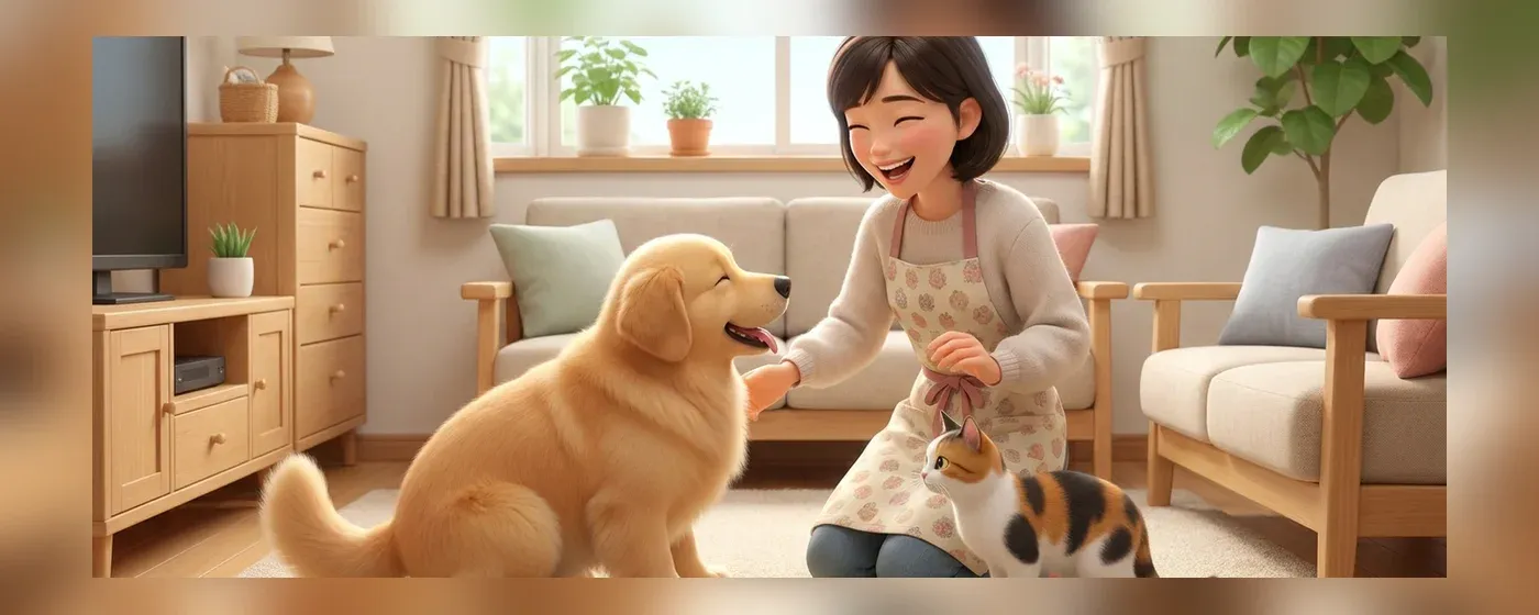 犬や猫に囲まれて笑顔で触れ合うエプロン姿の若者
