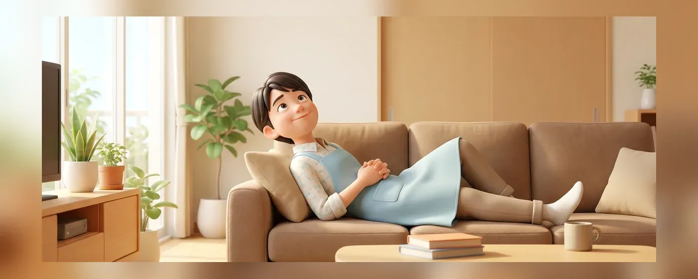 部屋のソファでリラックスしながら笑顔で考え事をする若者
