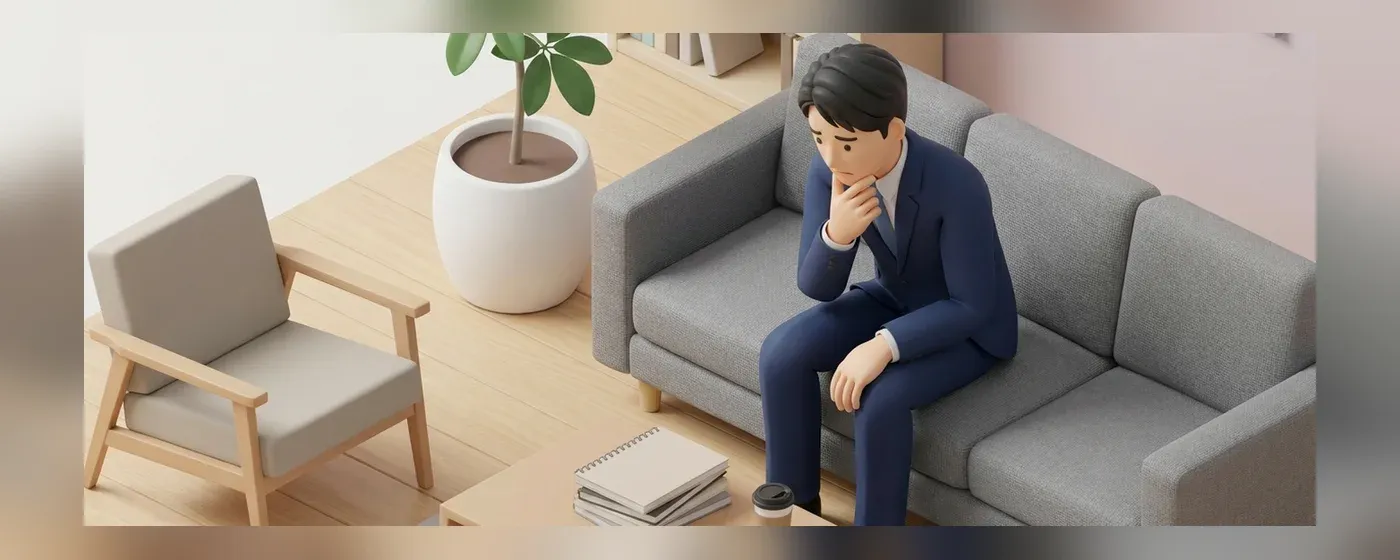 部屋のソファに座り将来について悩み考え込むスーツ姿の若い男性