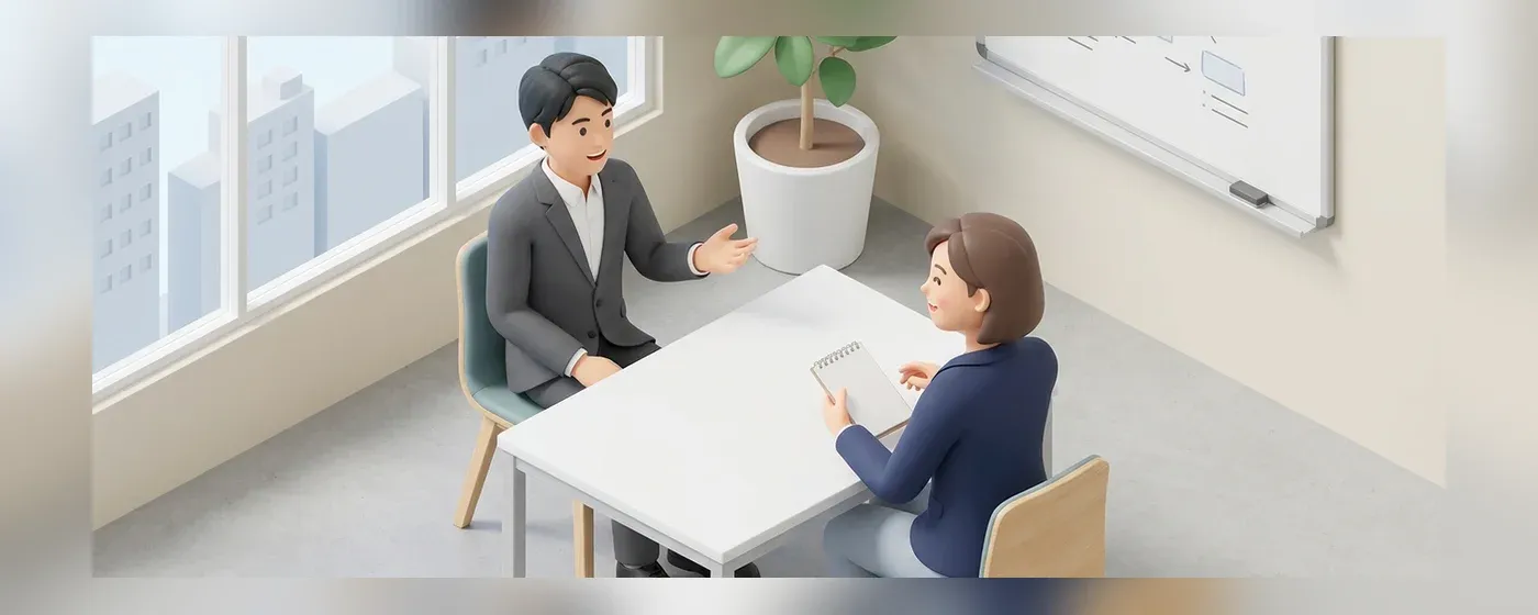 明るいオフィスの会議室で面接官の質問に前向きに答える若い男性