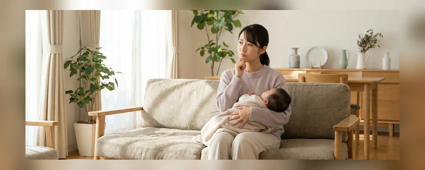 リビングで赤ちゃんを抱きながら転職について悩む母親