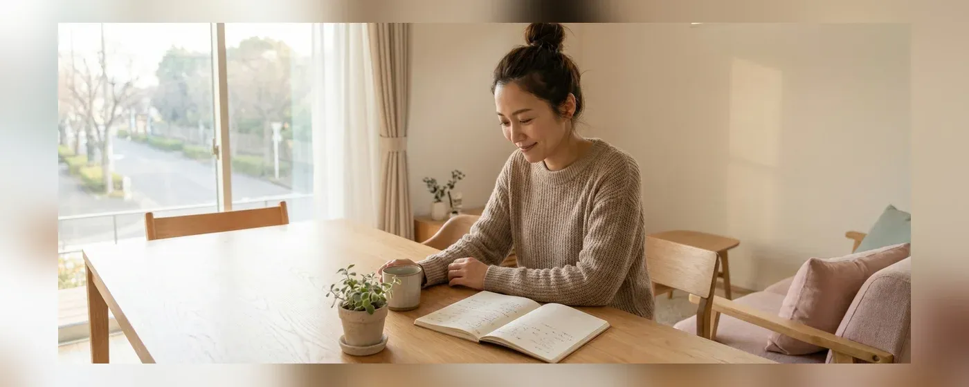ダイニングでノートを見ながら笑顔で転職先を考える女性