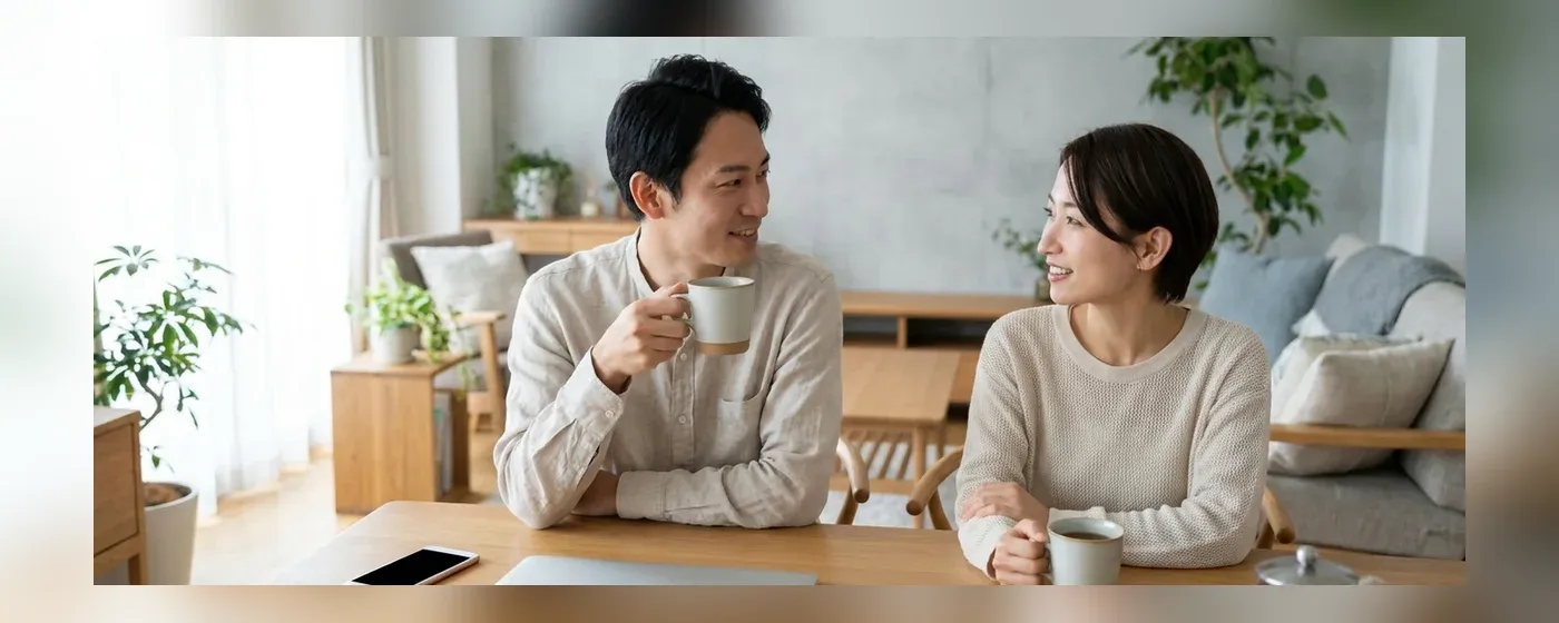 テーブルに向かい合い穏やかに話し合う夫婦