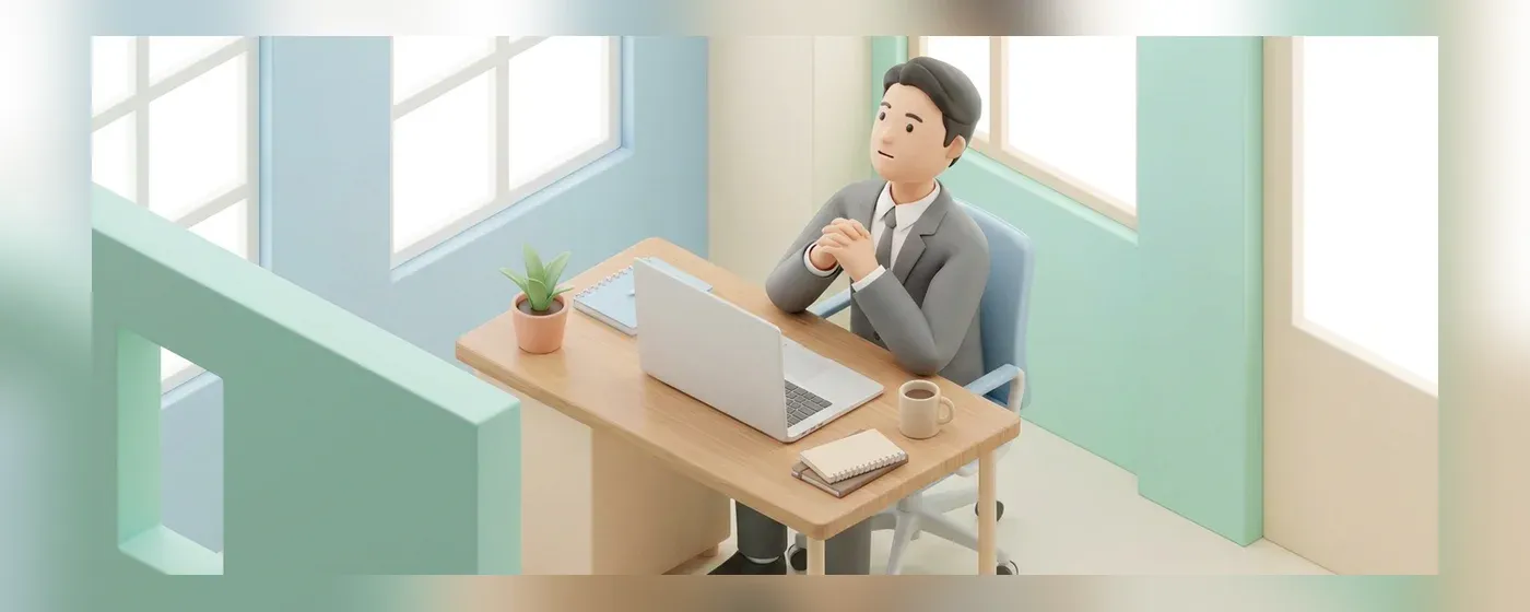 デスクで一息つきながら考え事をするスーツ姿の人物