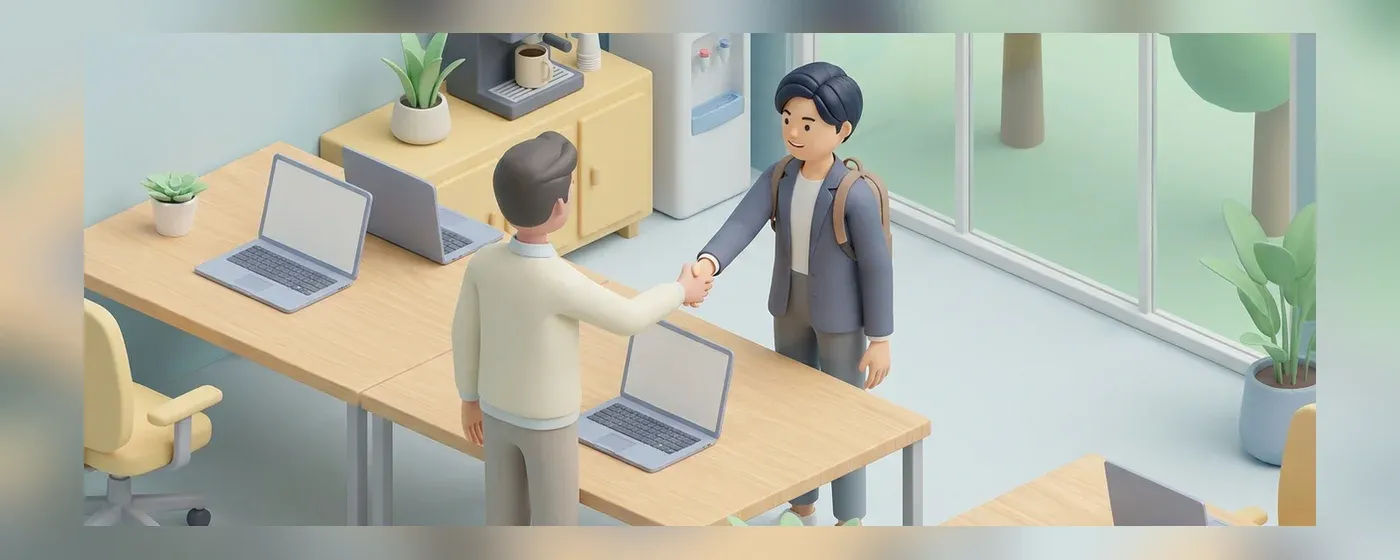 新しい職場で同僚と笑顔で会話するカジュアルな服装の人物