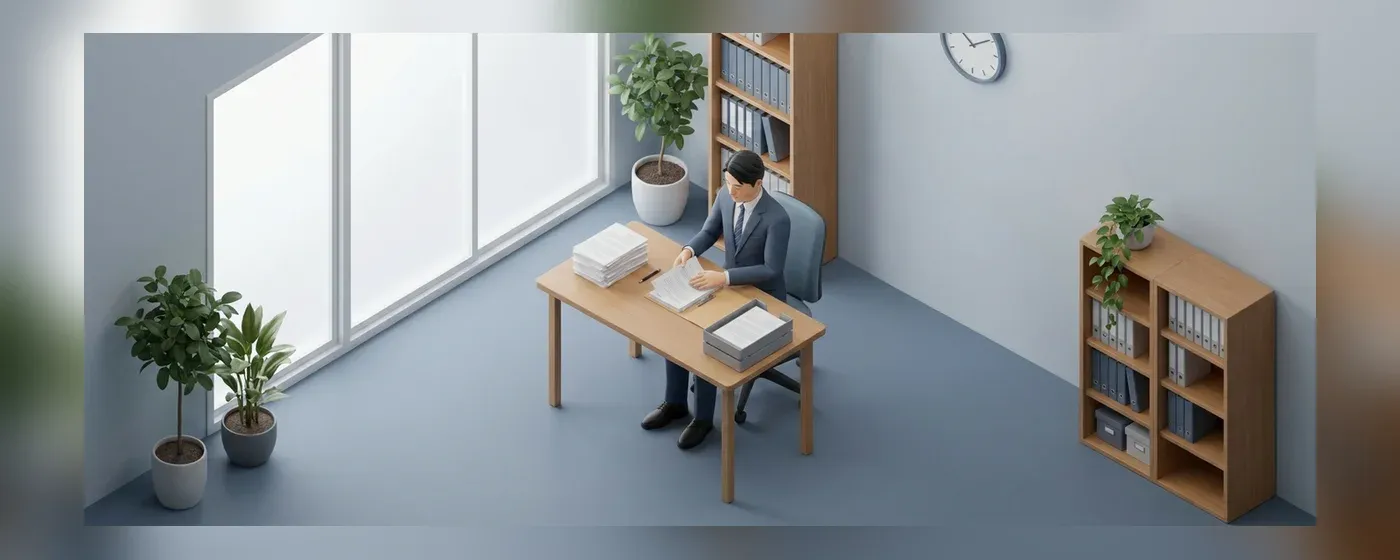 机に向かって書類を整理し面接の準備をするビジネスパーソンのミニチュア