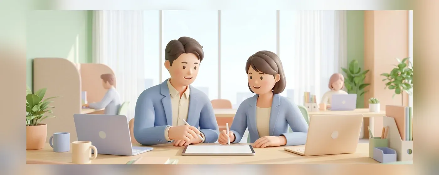 笑顔で会話しながらアイデアを出し合う男女のビジネスパーソン