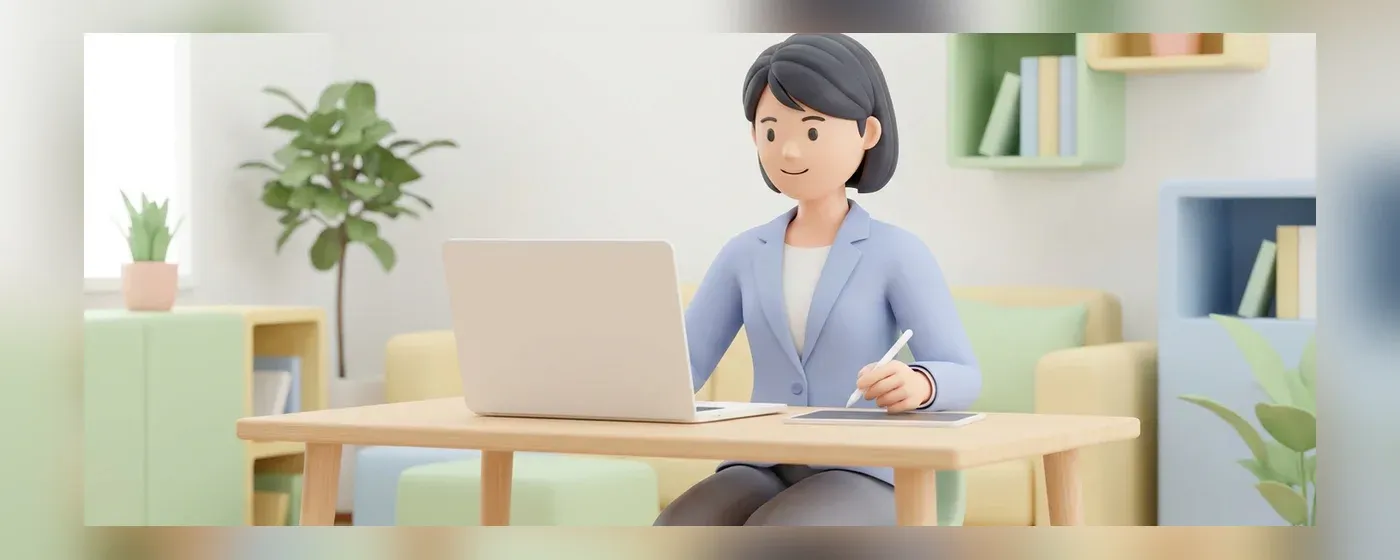 デスクでノートを開き笑顔で考え事をするビジネスパーソン
