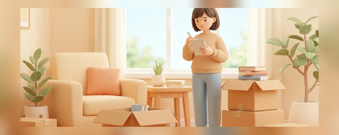 部屋で引っ越しの段ボールを見つめながら考える女性
