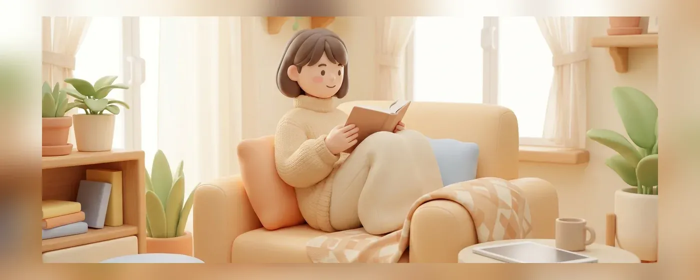 ソファに座って無地のパンフレットを見ながら微笑む女性