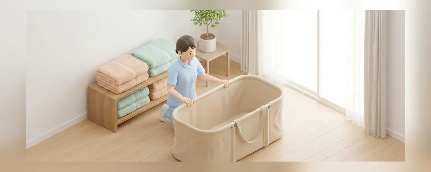 訪問入浴用のバスタブとタオルを準備するスタッフ