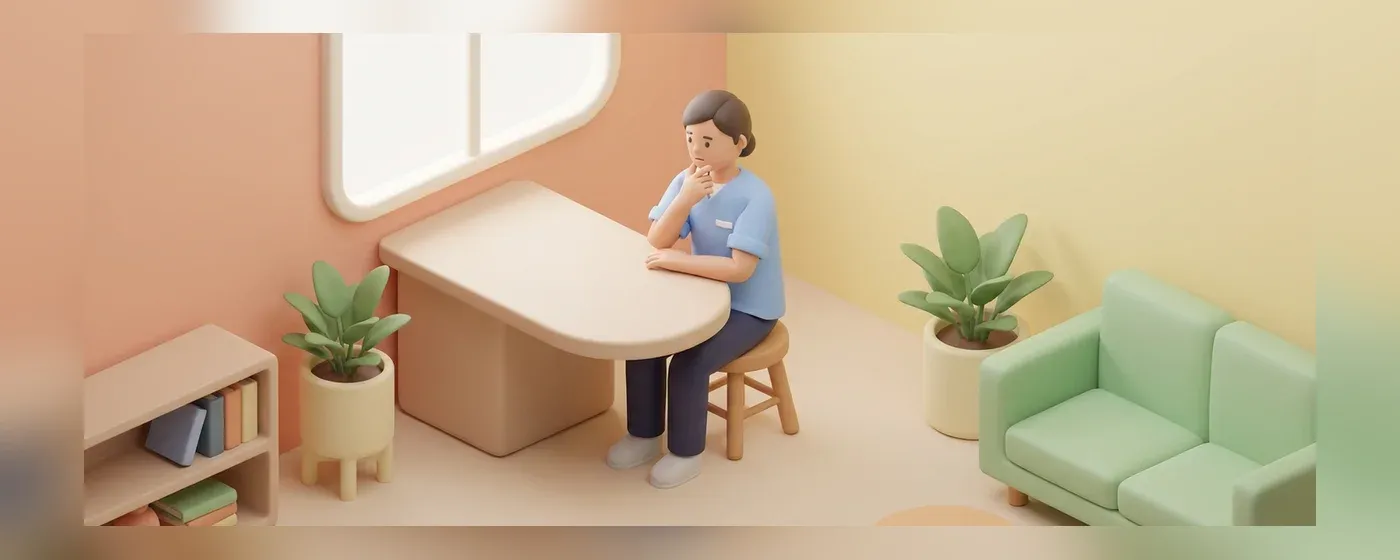 部屋で少し考え込んでいる介護スタッフ