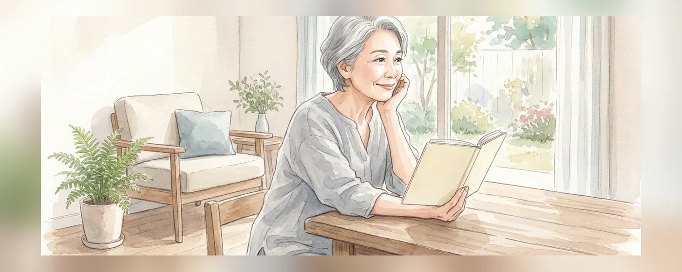 テーブルでノートを見ながら考え事をする60代女性
