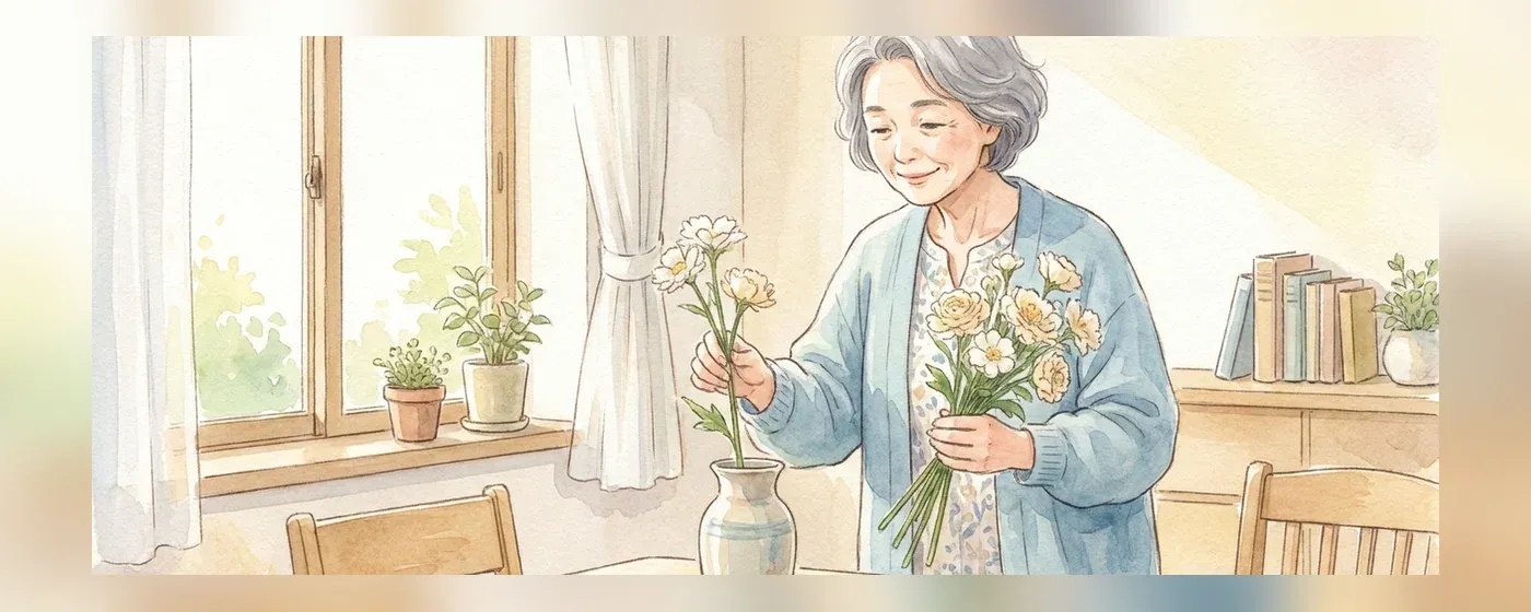 明るい部屋で花瓶に花を活けながら微笑む60代女性