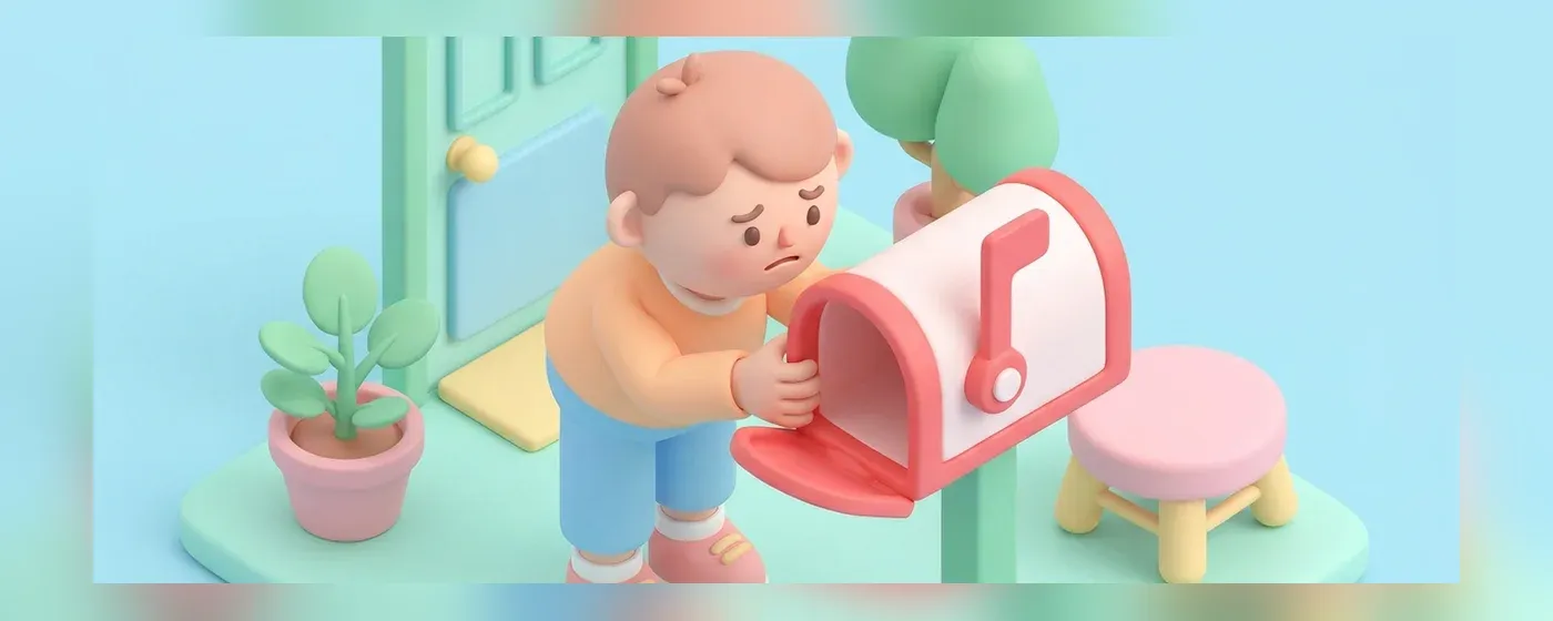 空の郵便受けを見て困惑する若手社員の3Dイラスト