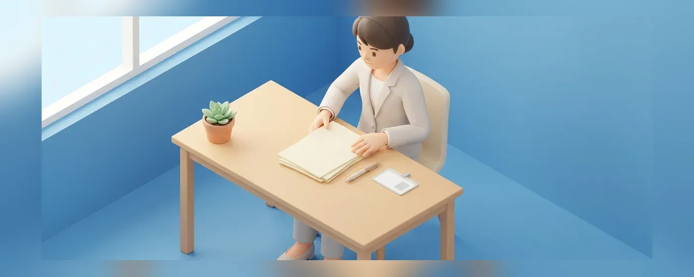 机の上に書類や身分証を並べて確認する人の3Dイラスト