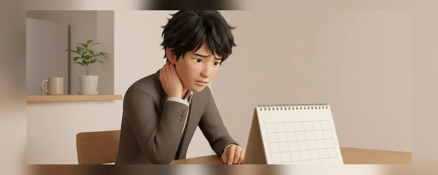 部屋でカレンダーを見つめながら不安そうに悩む若手ビジネスパーソン