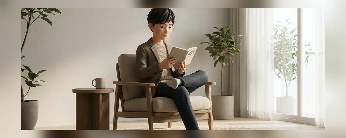 部屋でリラックスしながら本を読んで過ごす若手ビジネスパーソン