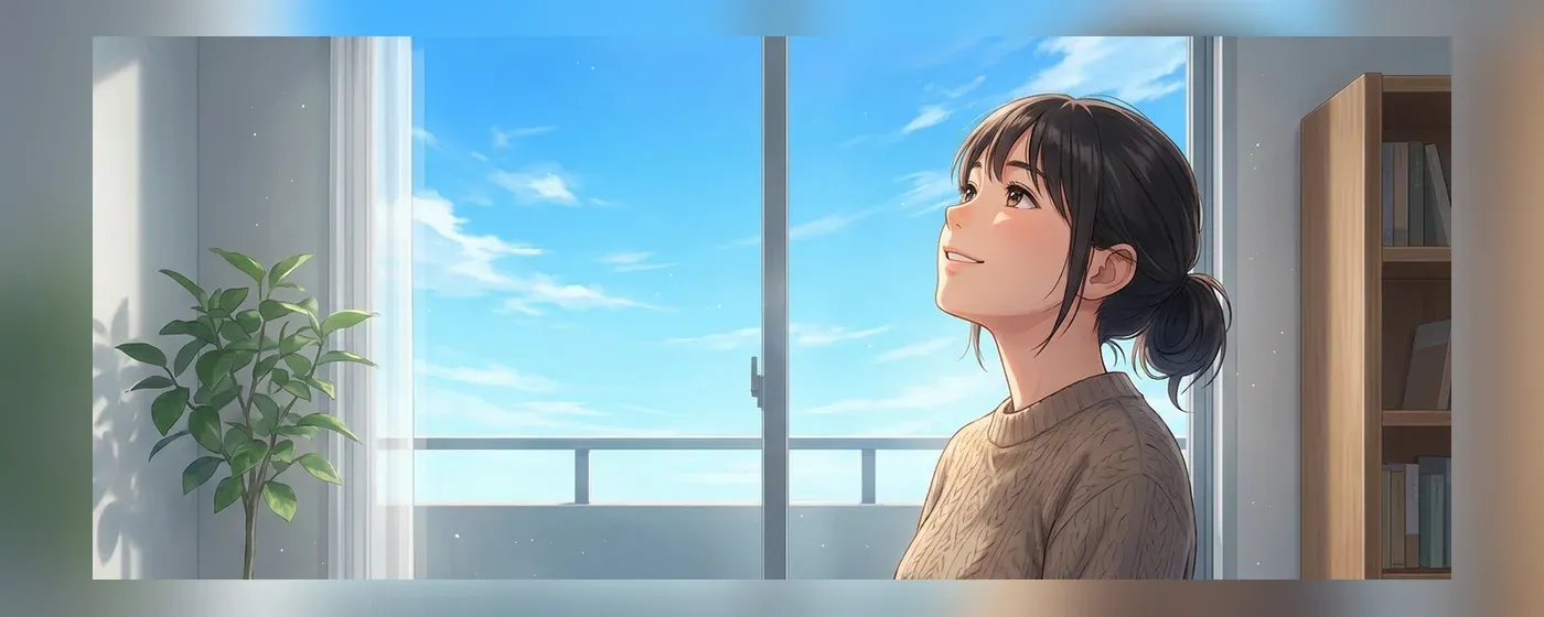 窓から青空を見上げる希望に満ちた女性