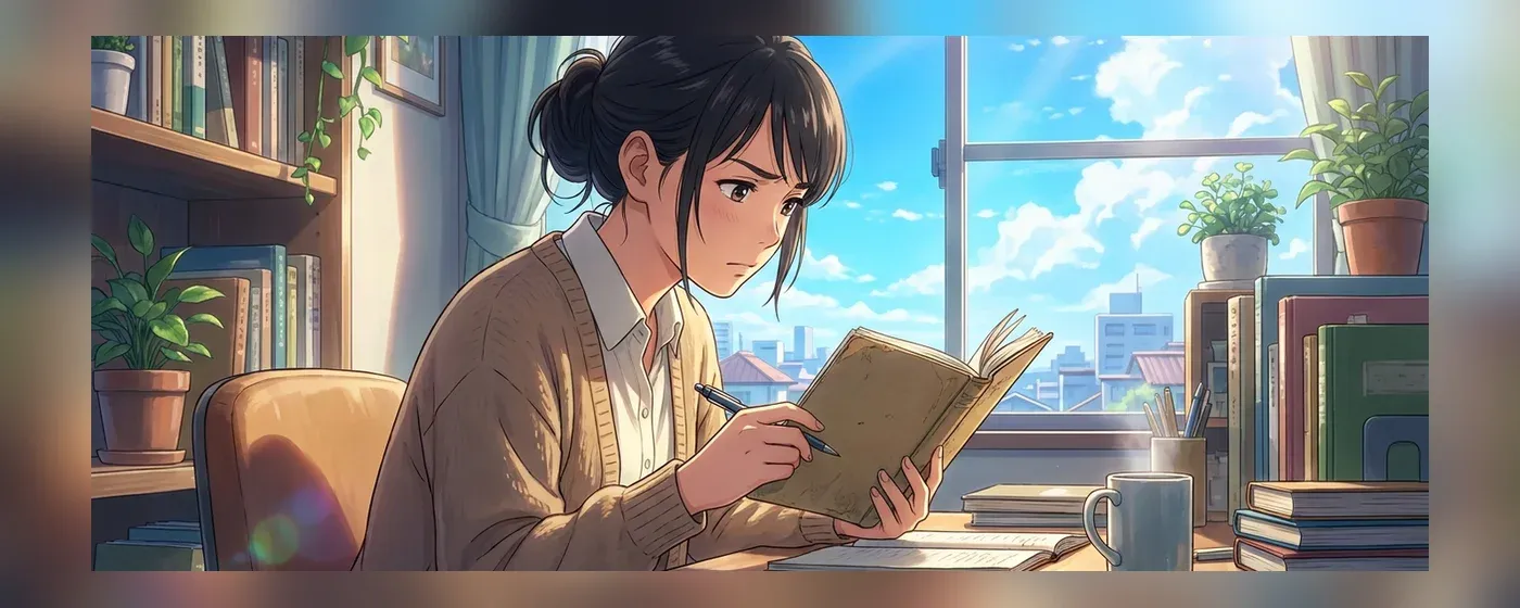 部屋でノートを開いて真剣に面接の準備をする女性