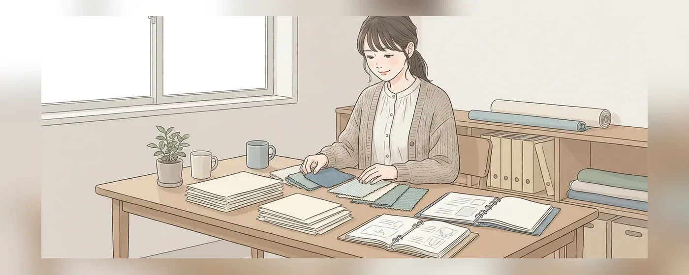 おしゃれなデザイン事務所で書類を整理する笑顔の女性