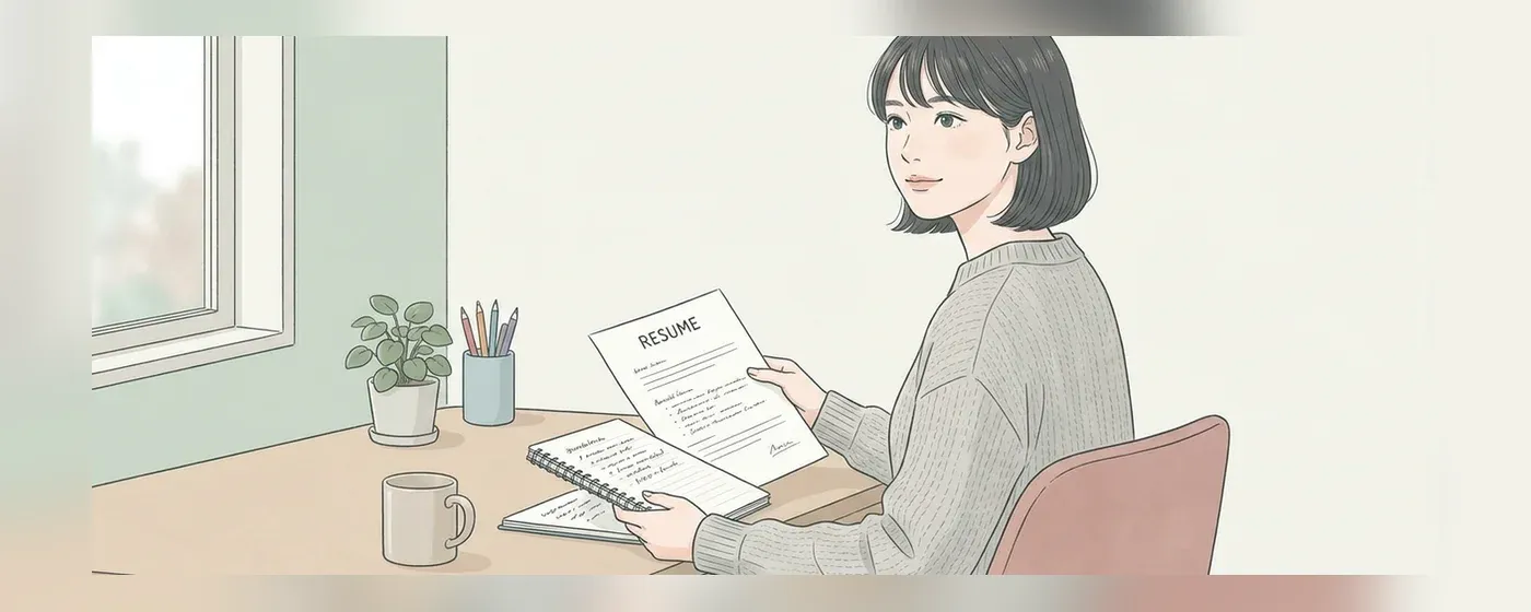 机に向かって履歴書とノートを広げ準備をする女性