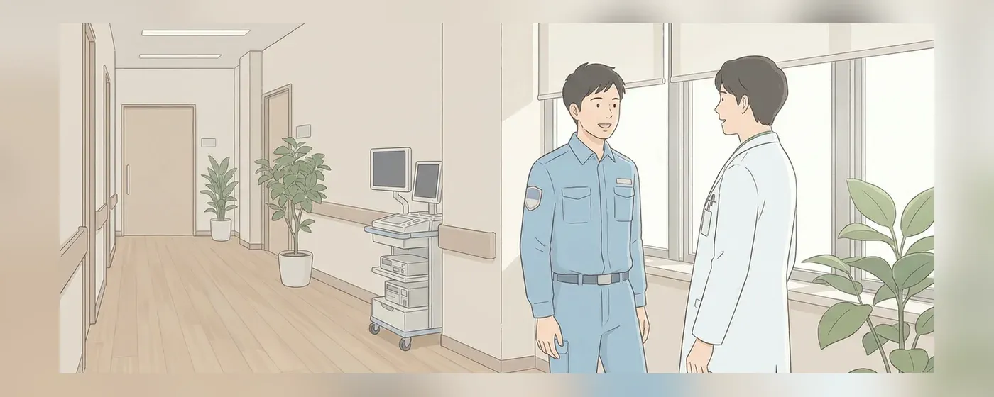 病院の明るい室内で医療スタッフと笑顔で会話する救急救命士