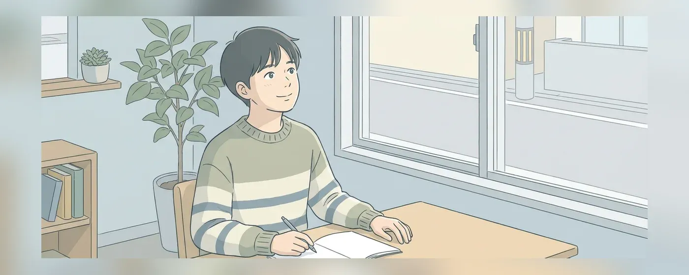 部屋でノートを広げて穏やかな笑顔でキャリアについて考える人物