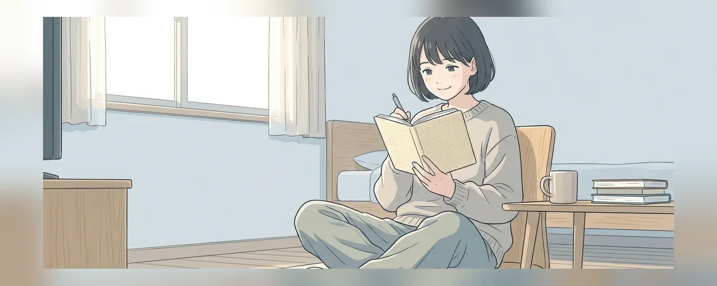 部屋でノートを開き笑顔でアイデアを考える若者