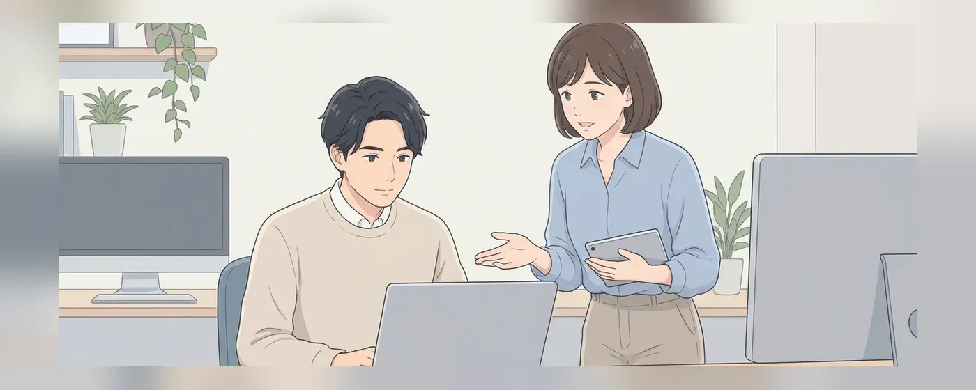 ノートパソコンに向かって同僚と仕事の相談をするエンジニア