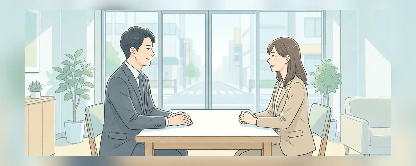 明るい会議室で面接官と和やかに話すスーツ姿の求職者