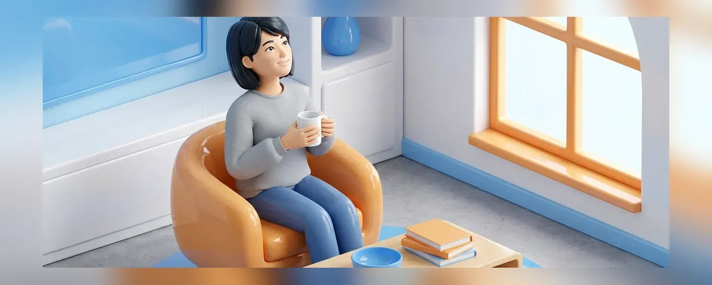 部屋でコーヒーを飲みながら笑顔で考える人物