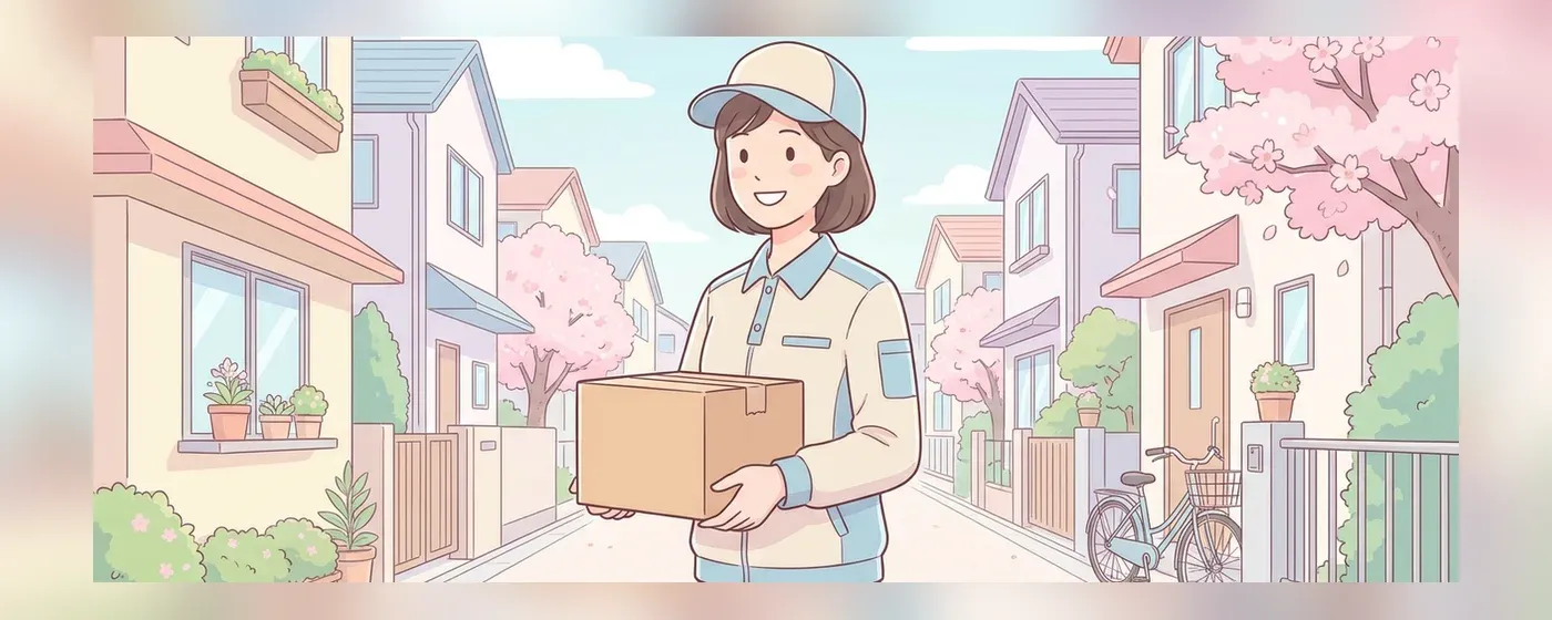 小さな段ボール箱を笑顔で運ぶ女性ドライバー