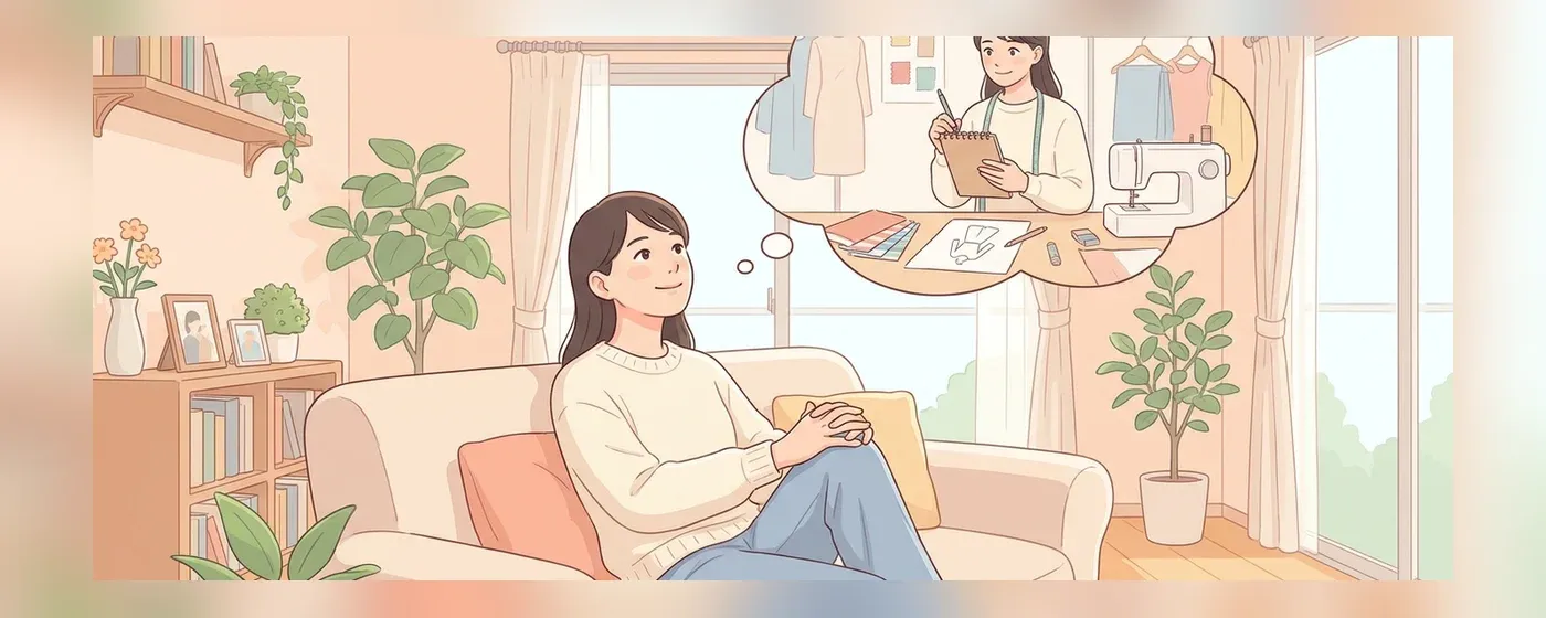 明るいリビングでリラックスしながら笑顔で考える女性
