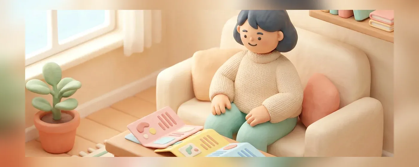 机に並べたパンフレットを見比べて微笑む人物