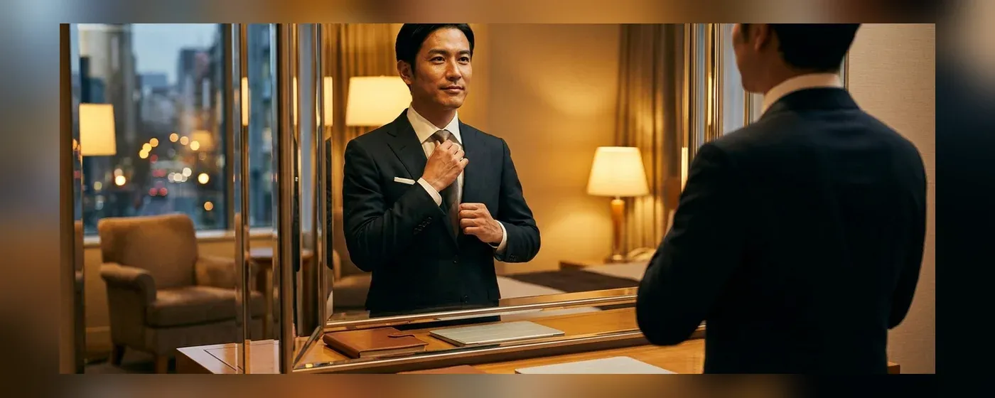 自信に満ちた表情でネクタイを締め直すスーツ姿の男性