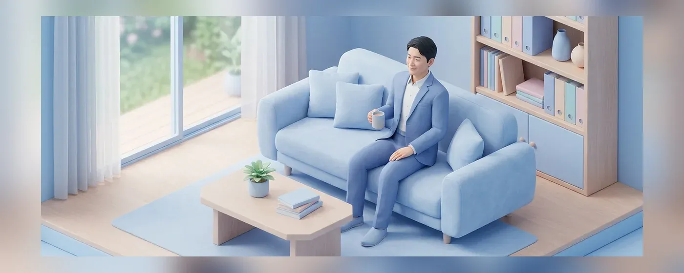 リビングのソファで穏やかな笑顔を浮かべてくつろぐビジネスパーソン