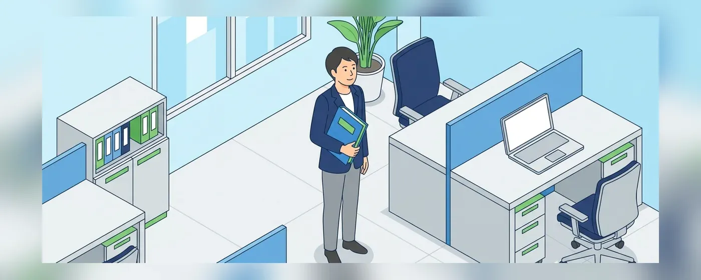 オフィスで資格証のバインダーを手に持ち前を向くビジネスパーソン