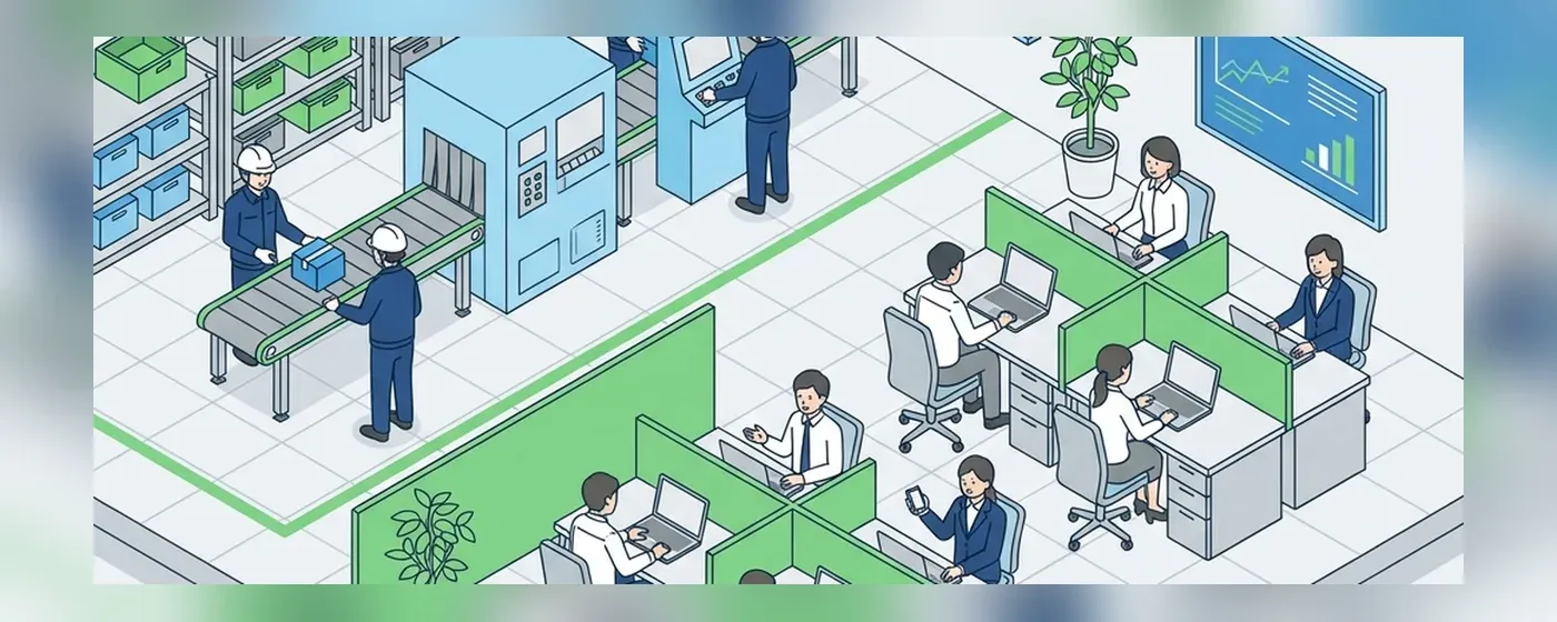安全管理が徹底された工場と隣接するオフィスの風景