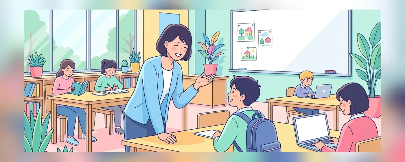 明るい教室で生徒と笑顔で会話する日本人英語講師
