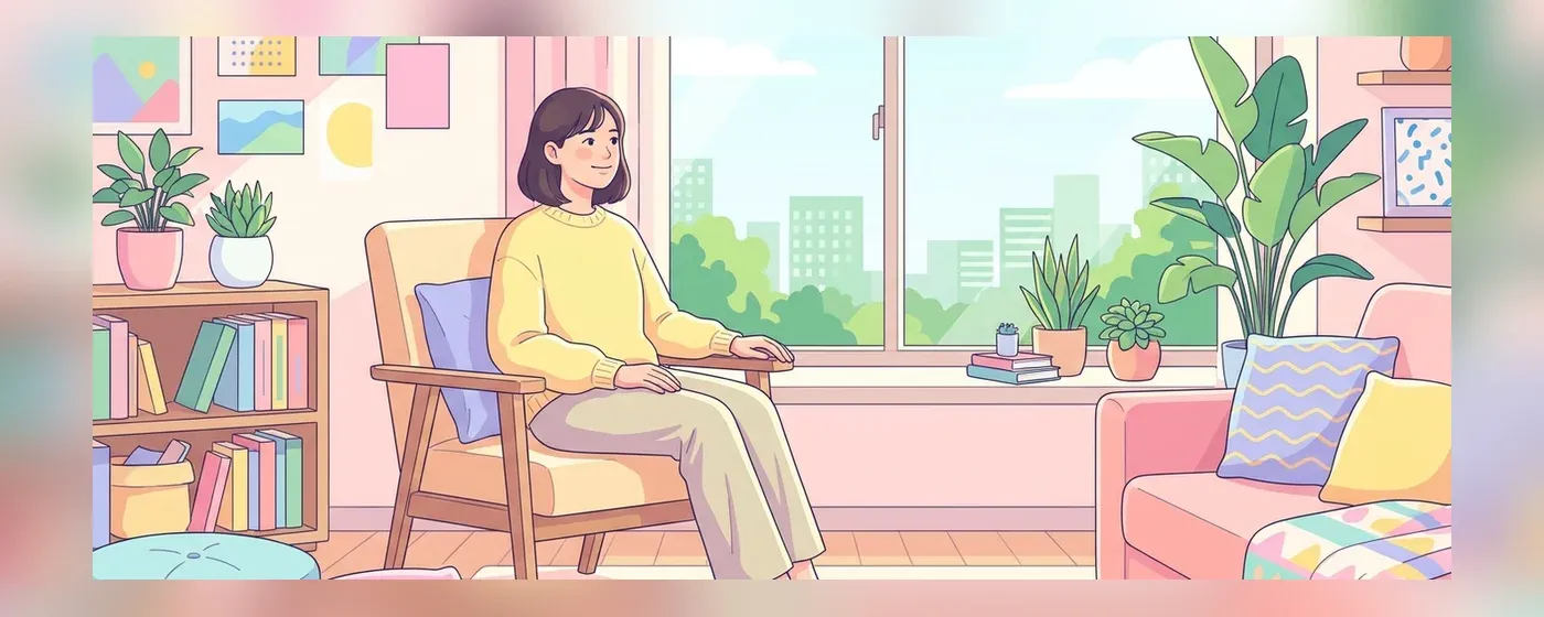 部屋でリラックスしながら希望を持って将来の仕事について考える日本人女性