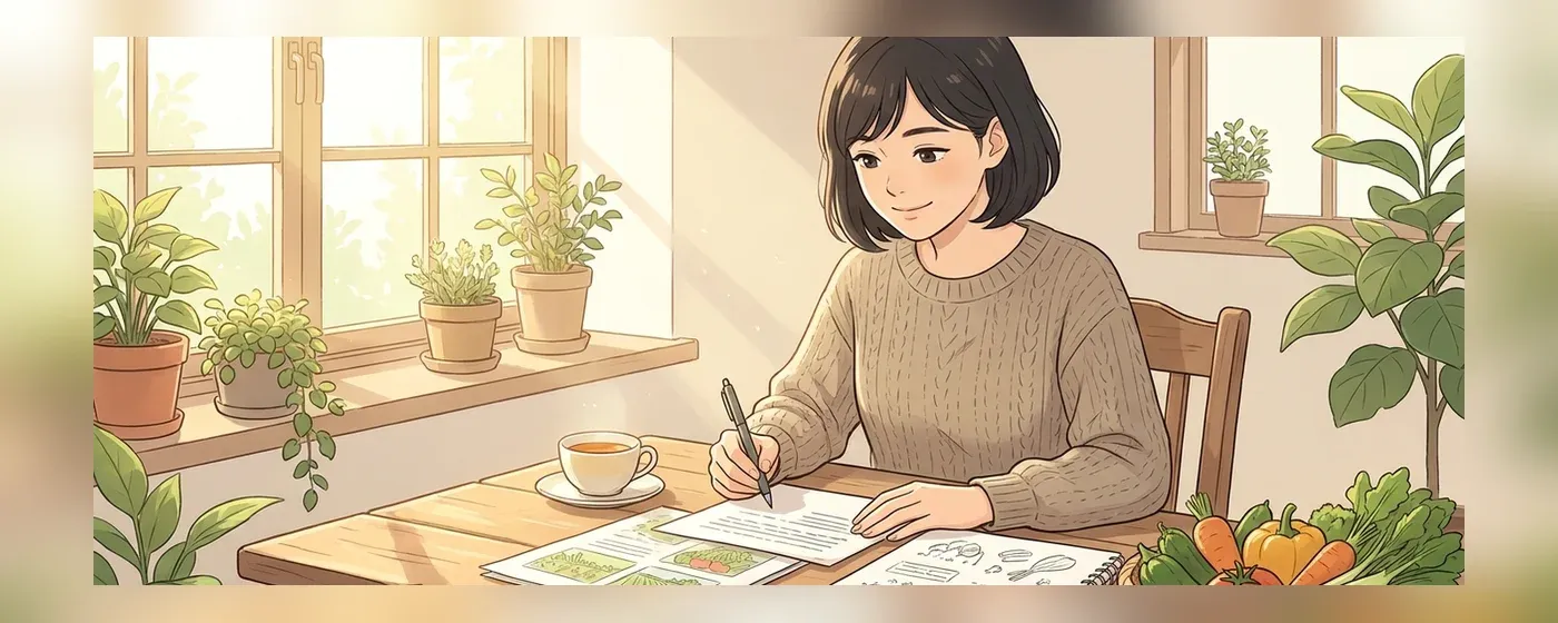 明るい部屋で書類やノートを見て計画を立てる女性