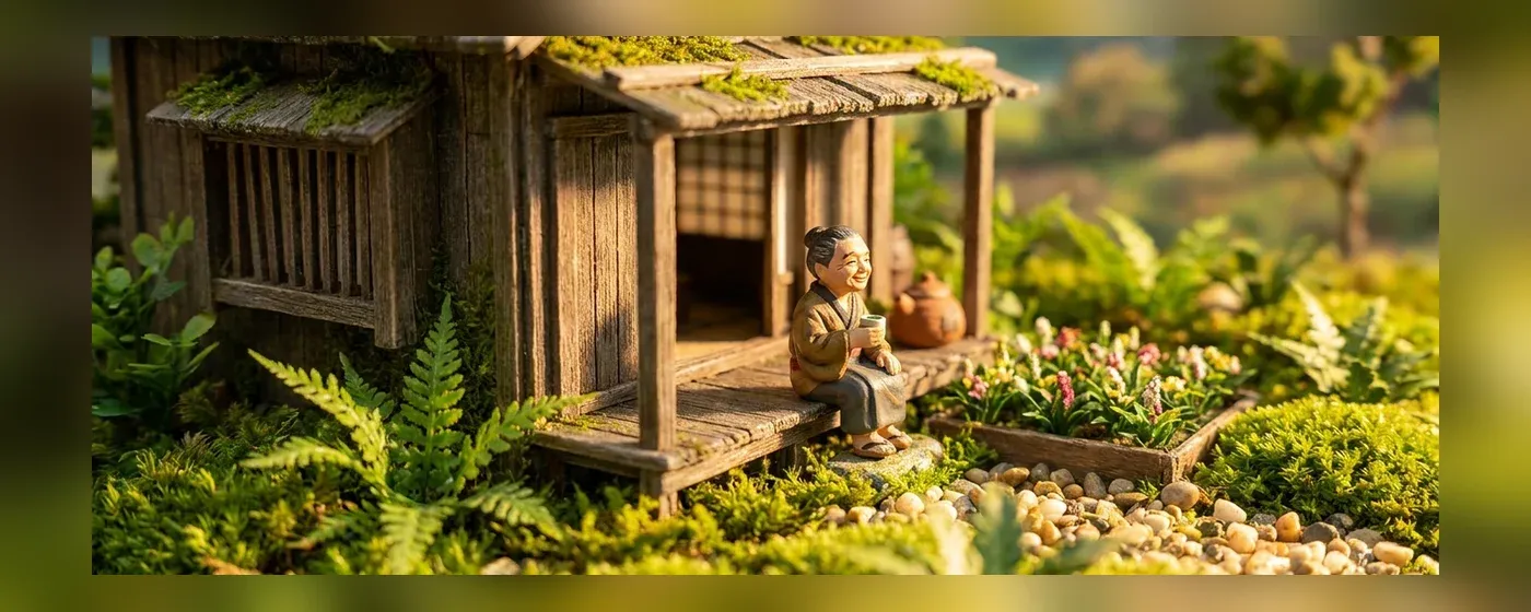 縁側で自然の景色を眺めてリラックスする人物のミニチュア風景