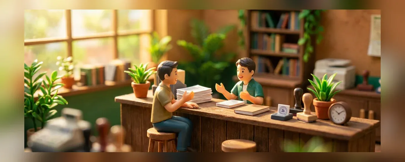 木のカウンターで和やかに相談をしている二人の人物のミニチュア風景